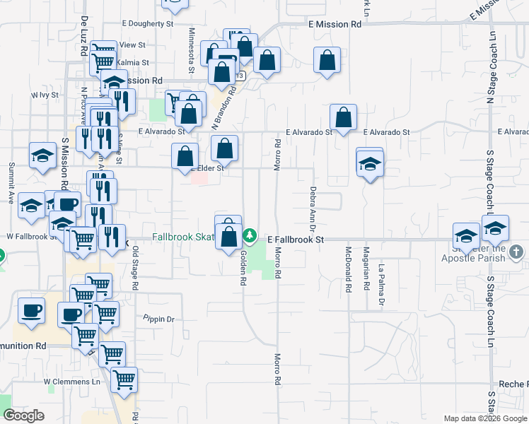 map of restaurants, bars, coffee shops, grocery stores, and more near 522 Shady Glen Drive in Fallbrook