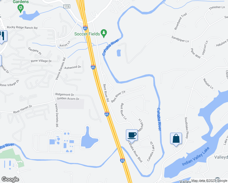 map of restaurants, bars, coffee shops, grocery stores, and more near 1443 River Walk Circle in Vestavia Hills