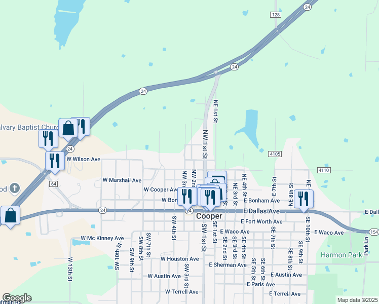 map of restaurants, bars, coffee shops, grocery stores, and more near 541 Northwest 2nd Street in Cooper