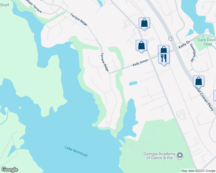 map of restaurants, bars, coffee shops, grocery stores, and more near 139 Terrane Ridge in Peachtree City