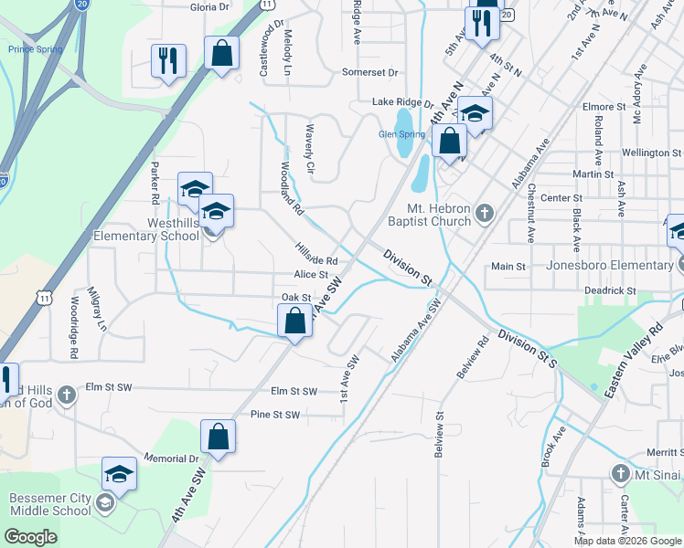 map of restaurants, bars, coffee shops, grocery stores, and more near 394 4th Ave SW in Bessemer