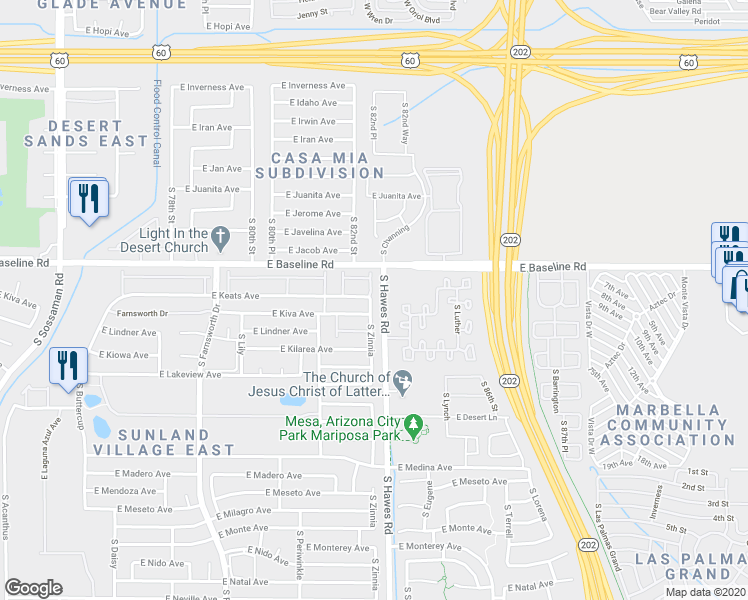 map of restaurants, bars, coffee shops, grocery stores, and more near 471 South Zinnia in Mesa