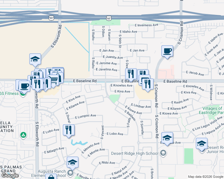 map of restaurants, bars, coffee shops, grocery stores, and more near 9710 East Kiva Avenue in Mesa
