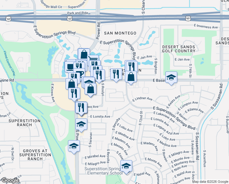 map of restaurants, bars, coffee shops, grocery stores, and more near 7026 East Keats Avenue in Mesa