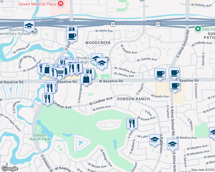 map of restaurants, bars, coffee shops, grocery stores, and more near 1645 West Baseline Road in Mesa