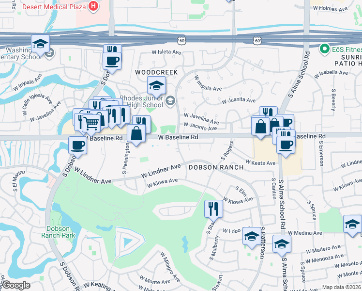 map of restaurants, bars, coffee shops, grocery stores, and more near 2021 South Longmore in Mesa