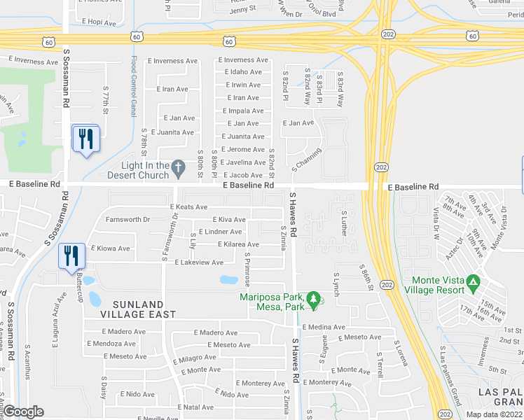 map of restaurants, bars, coffee shops, grocery stores, and more near 391 East Keats Avenue in Mesa