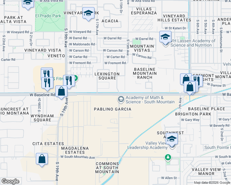 map of restaurants, bars, coffee shops, grocery stores, and more near 7524 South 15th Lane in Phoenix