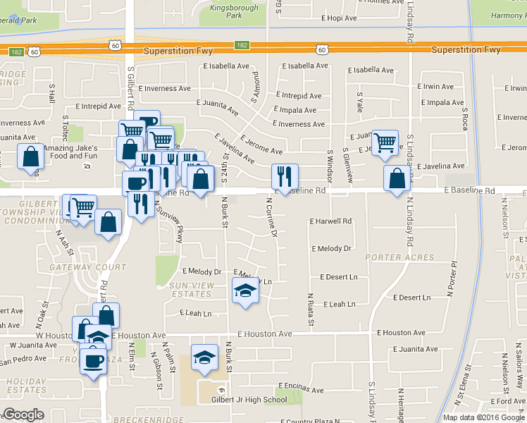 map of restaurants, bars, coffee shops, grocery stores, and more near 456 East Terrace Avenue in Gilbert