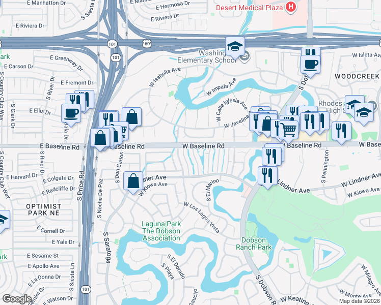 map of restaurants, bars, coffee shops, grocery stores, and more near 1864 South Las Palmas Circle in Mesa