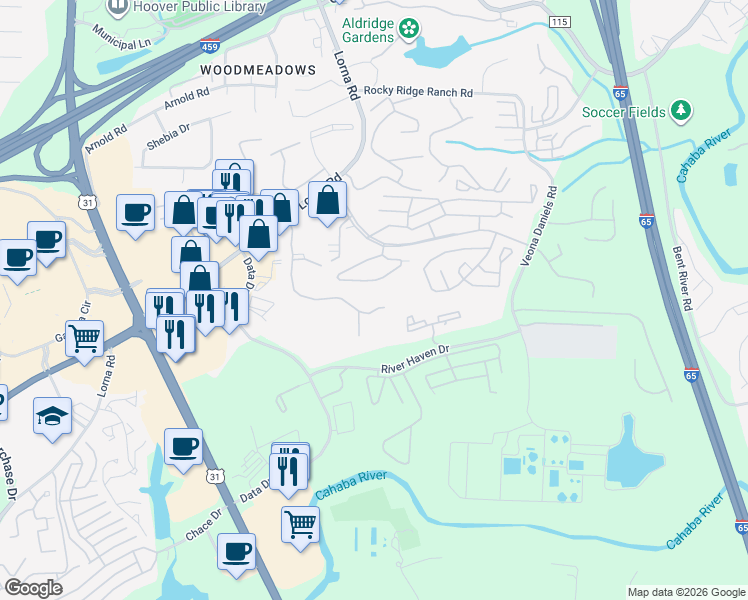 map of restaurants, bars, coffee shops, grocery stores, and more near 1661 Hampton Park Drive in Hoover