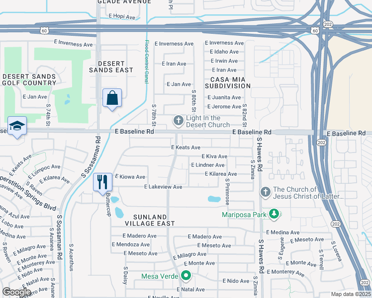 map of restaurants, bars, coffee shops, grocery stores, and more near 241 East Keats Avenue in Mesa