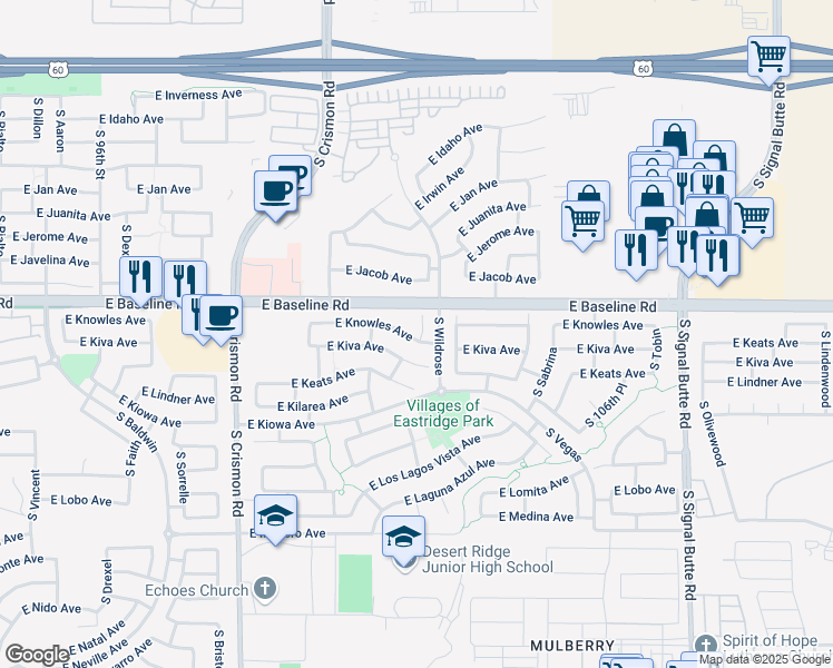map of restaurants, bars, coffee shops, grocery stores, and more near 2040 South Boca Circle in Mesa