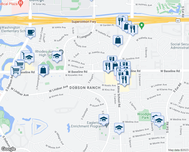 map of restaurants, bars, coffee shops, grocery stores, and more near 132 South Dobson Bay Club in Mesa