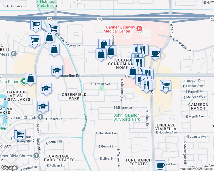map of restaurants, bars, coffee shops, grocery stores, and more near 2897 East Terrace Avenue in Gilbert