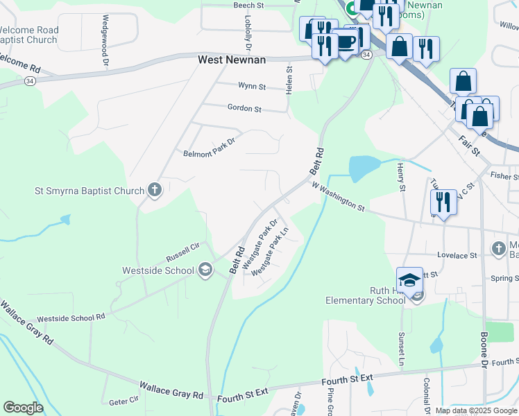 map of restaurants, bars, coffee shops, grocery stores, and more near 4 West Park Court in Newnan