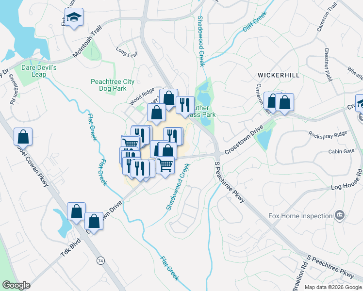 map of restaurants, bars, coffee shops, grocery stores, and more near 316 Crosstown Drive in Peachtree City