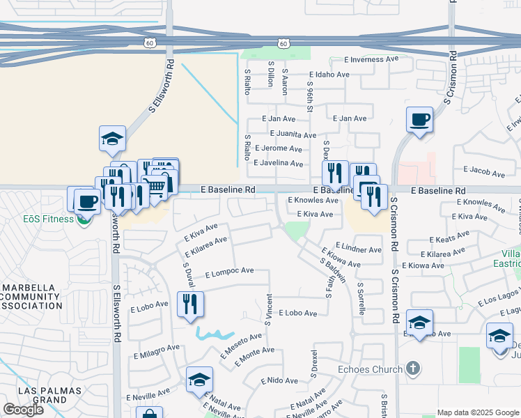 map of restaurants, bars, coffee shops, grocery stores, and more near Unnamed Road in Mesa
