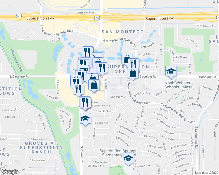 map of restaurants, bars, coffee shops, grocery stores, and more near 2050 South Edgewater in Mesa