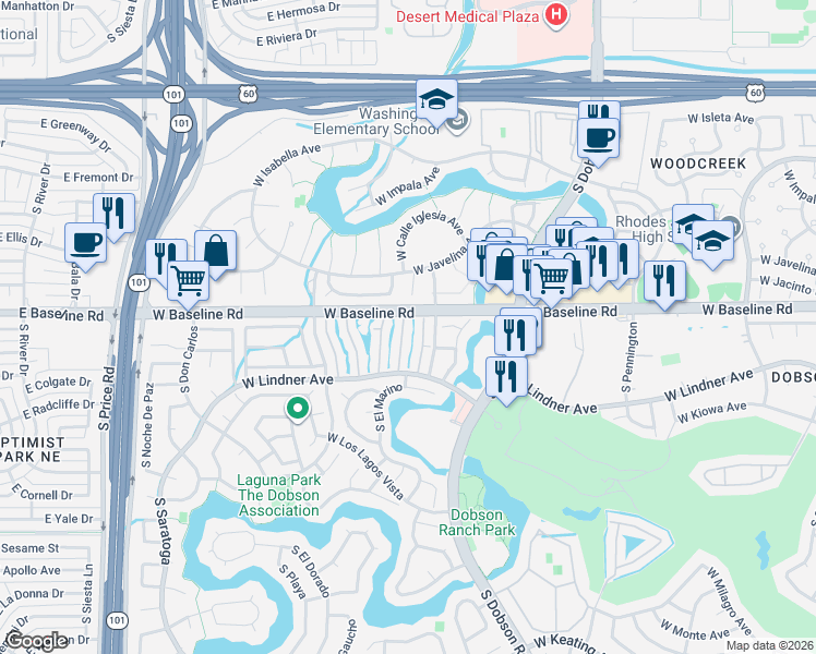 map of restaurants, bars, coffee shops, grocery stores, and more near 2232 West Lindner Avenue in Mesa