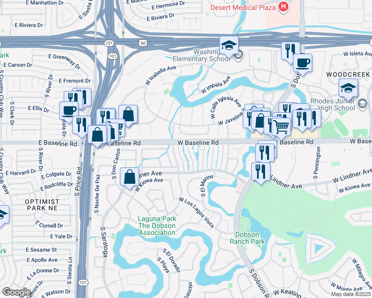 map of restaurants, bars, coffee shops, grocery stores, and more near 1864 South Las Palmas Circle in Mesa