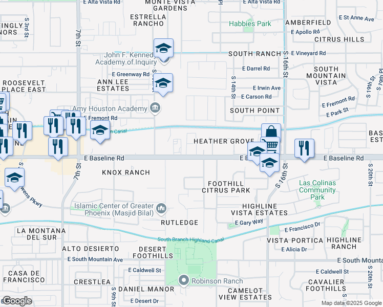 map of restaurants, bars, coffee shops, grocery stores, and more near 1238 East Baseline Road in Phoenix
