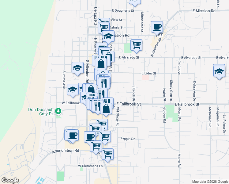 map of restaurants, bars, coffee shops, grocery stores, and more near 202 Woodcrest Lane in Fallbrook