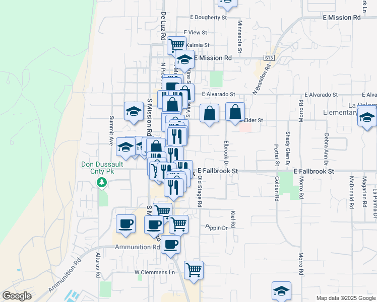 map of restaurants, bars, coffee shops, grocery stores, and more near 202 Woodcrest Lane in Fallbrook