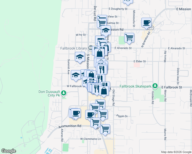 map of restaurants, bars, coffee shops, grocery stores, and more near 522 South Pico Avenue in Fallbrook
