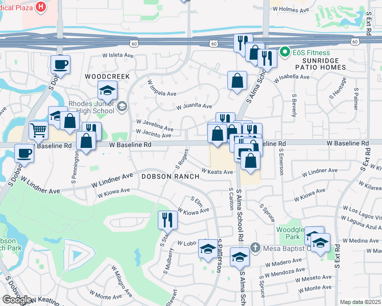 map of restaurants, bars, coffee shops, grocery stores, and more near 132 South Dobson Bay Club in Mesa