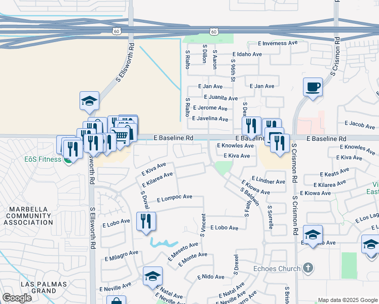 map of restaurants, bars, coffee shops, grocery stores, and more near 2024 South Baldwin in Mesa