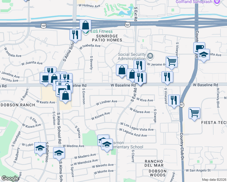 map of restaurants, bars, coffee shops, grocery stores, and more near 831 West Knowles Circle in Mesa