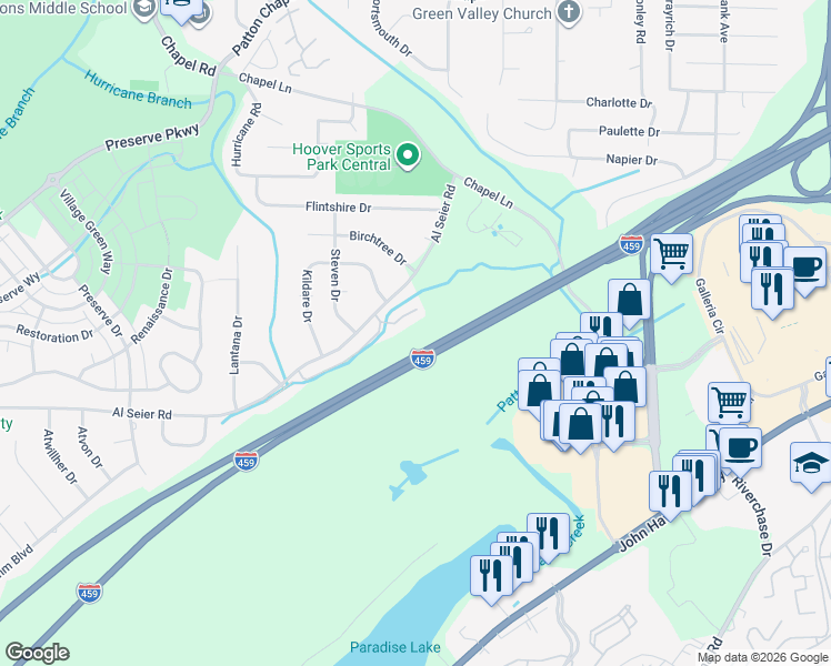 map of restaurants, bars, coffee shops, grocery stores, and more near 1451 Al Seier Road in Birmingham