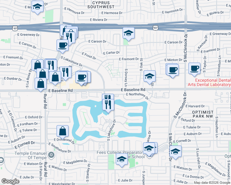 map of restaurants, bars, coffee shops, grocery stores, and more near 1214 East Northshore Drive in Tempe