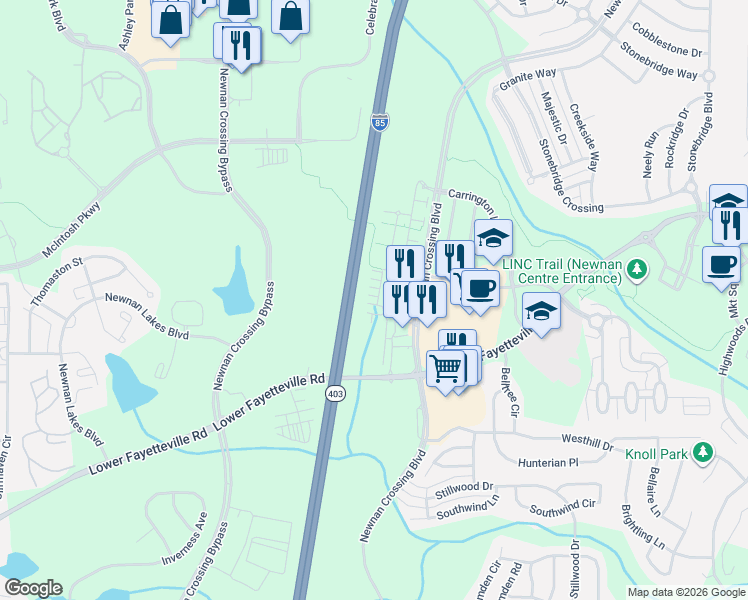 map of restaurants, bars, coffee shops, grocery stores, and more near Interstate 85 in Newnan