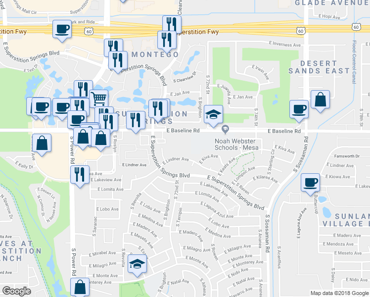 map of restaurants, bars, coffee shops, grocery stores, and more near 7233 East Baseline Road in Mesa
