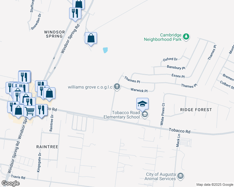 map of restaurants, bars, coffee shops, grocery stores, and more near 3022 Manchester Drive in Hephzibah