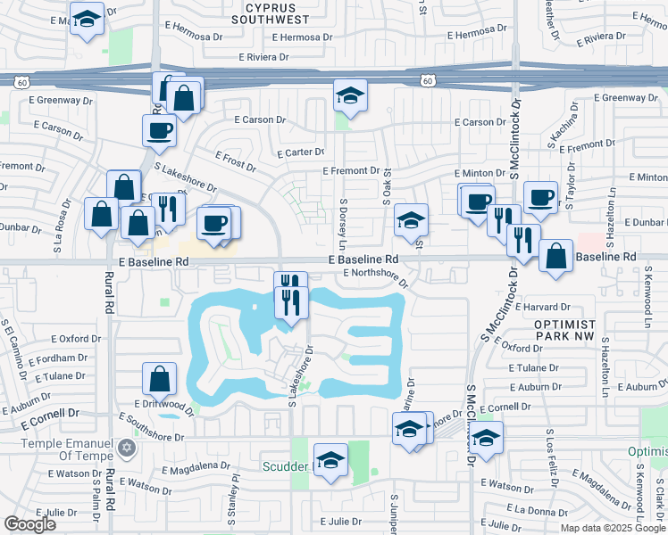 map of restaurants, bars, coffee shops, grocery stores, and more near 1304 East Northshore Drive in Tempe