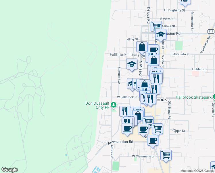 map of restaurants, bars, coffee shops, grocery stores, and more near 529 Alturas Road in Fallbrook