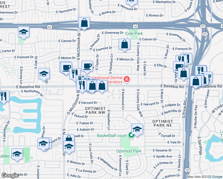 map of restaurants, bars, coffee shops, grocery stores, and more near 5212 South Deborah Drive in Tempe