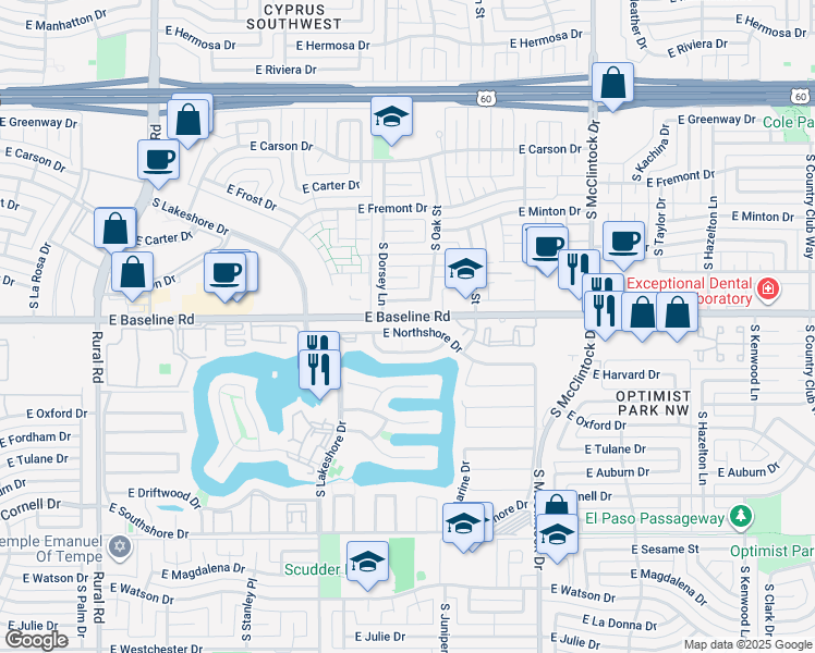 map of restaurants, bars, coffee shops, grocery stores, and more near 1334 East Northshore Drive in Tempe