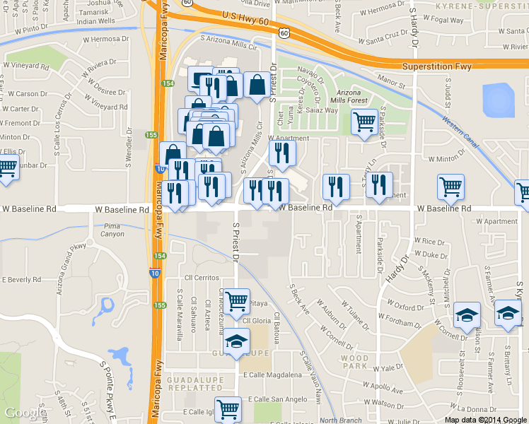 map of restaurants, bars, coffee shops, grocery stores, and more near 1411 W Baseline Rd in Tempe