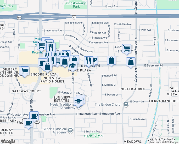 map of restaurants, bars, coffee shops, grocery stores, and more near 456 East Terrace Avenue in Gilbert
