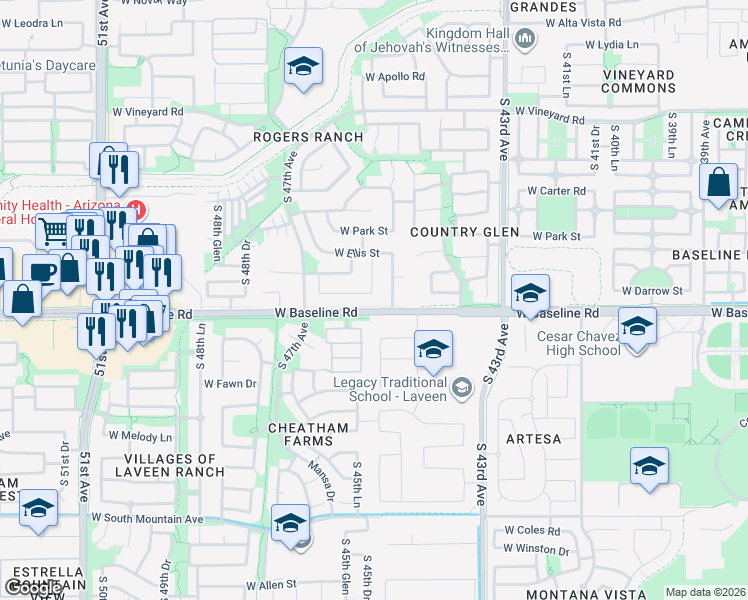 map of restaurants, bars, coffee shops, grocery stores, and more near 4503 West Donner Drive in Phoenix