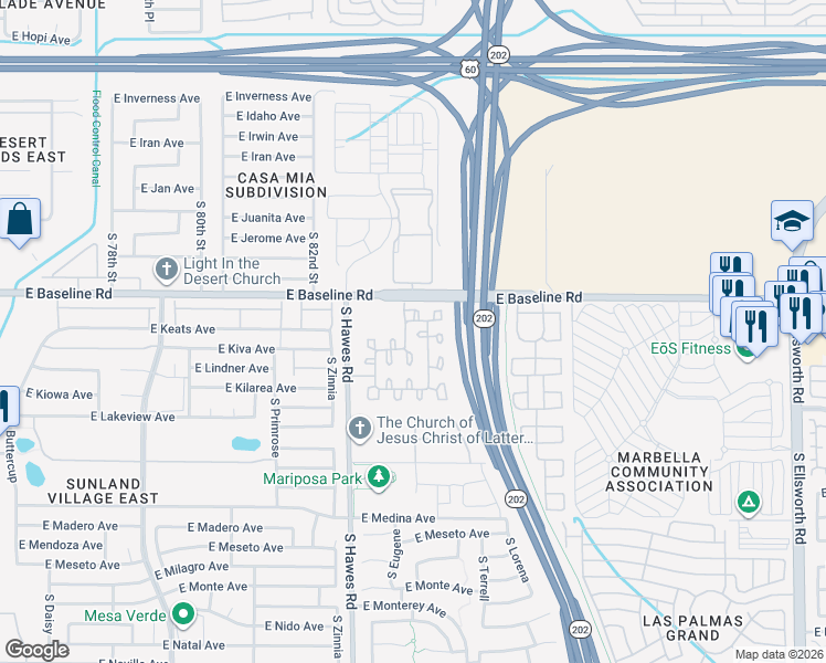 map of restaurants, bars, coffee shops, grocery stores, and more near 2044 South Luther in Mesa