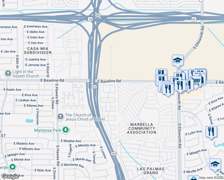 map of restaurants, bars, coffee shops, grocery stores, and more near 2045 South 87th Place in Mesa