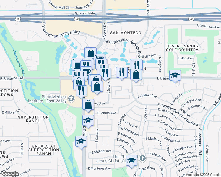 map of restaurants, bars, coffee shops, grocery stores, and more near 2050 South Edgewater in Mesa