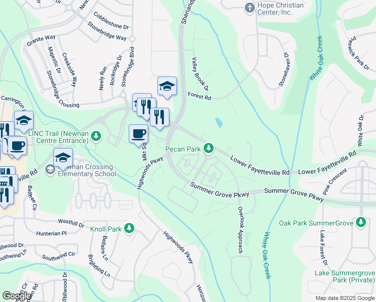 map of restaurants, bars, coffee shops, grocery stores, and more near 33 Pecan Crescent in Newnan