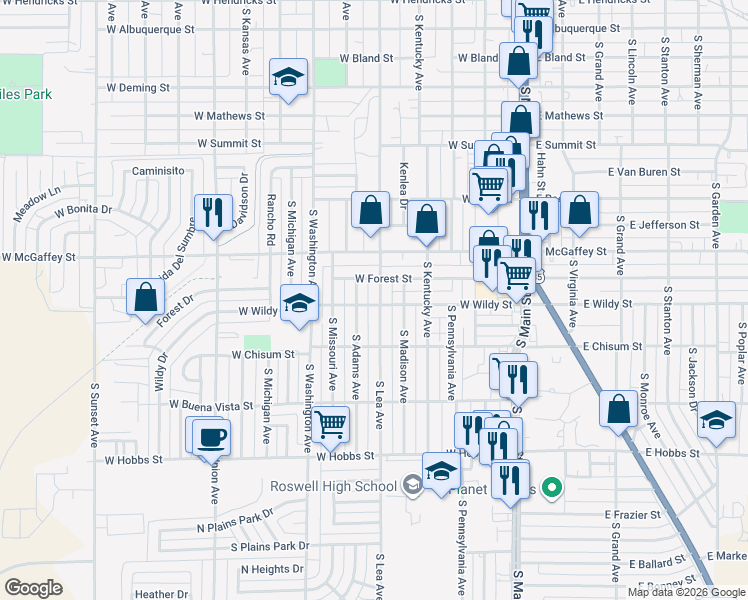 map of restaurants, bars, coffee shops, grocery stores, and more near 1308 South Lea Avenue in Roswell