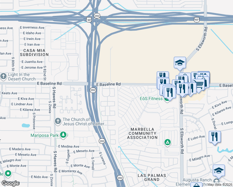 map of restaurants, bars, coffee shops, grocery stores, and more near 2043 South Gordon in Mesa